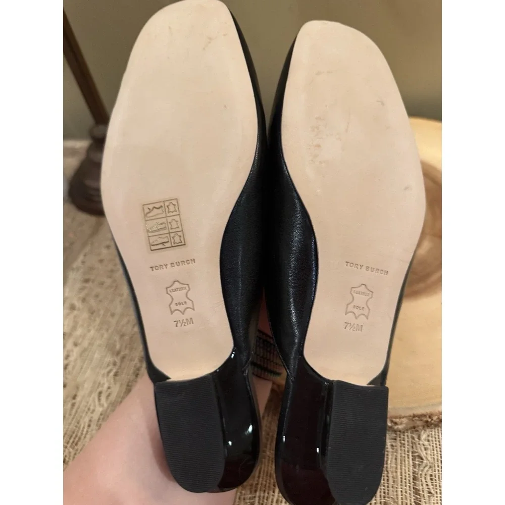 Tory Burch Woven‎ Logo Kitten Heel Mule Size 7.5 Black Goat Leather MSRP$358